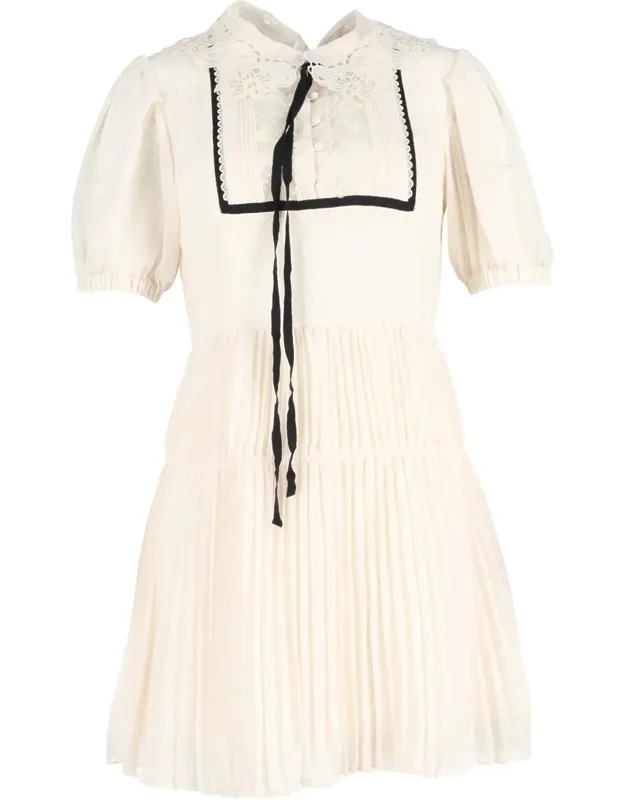 Pleated Lace-detail Mini Short Sleeve Dress