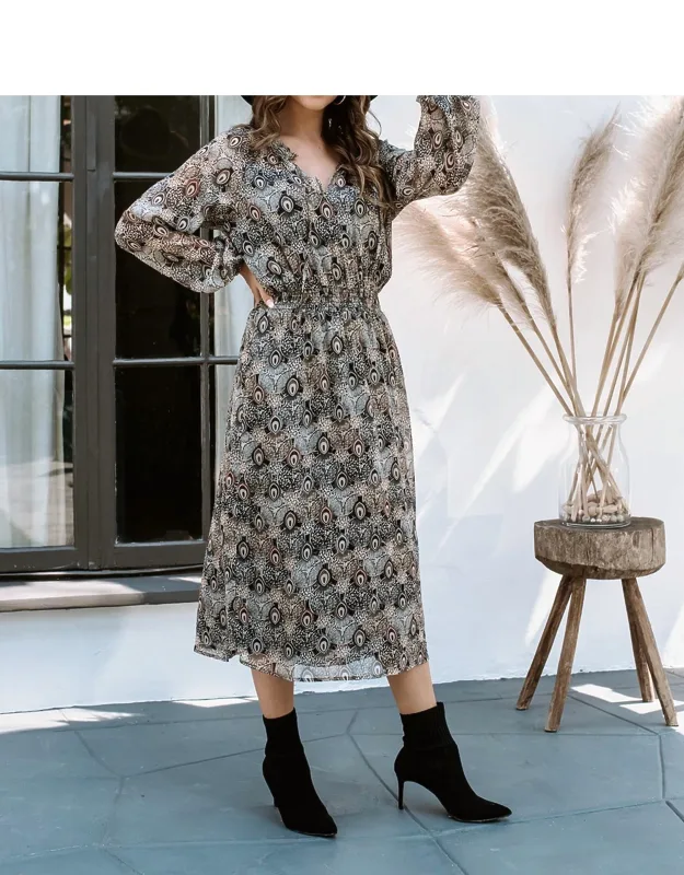 Peacock Chiffon Smocked Midi Dress In Feather Print