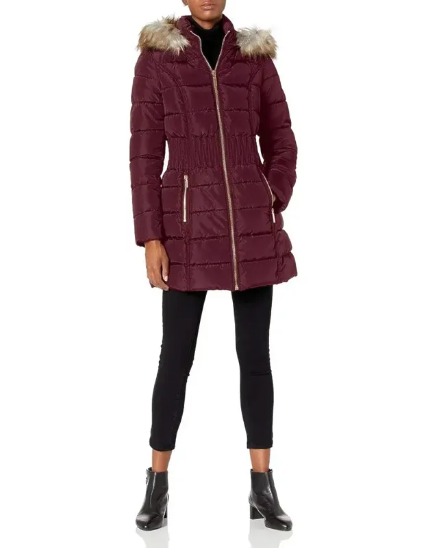 3/4 Puffer Zig Zag Cinch Waist Faux Fur Hood Coat