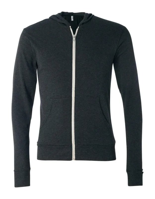 Triblend Lightweight Full-zip Hooded Long Sleeve Tee, 5.6 Oz./yd Fabric, 1x1 Smooth Rib Fabric