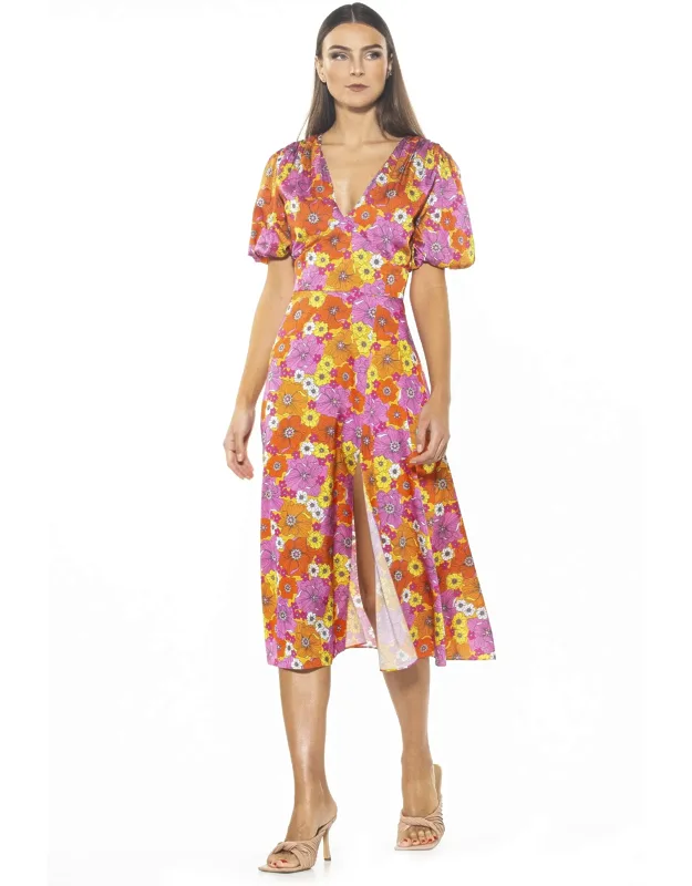 Nola Dress V Neck Puff Sleeve Leg Slit Midi