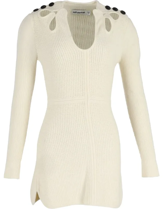 Self-portrait Button-embellished Cutout Ribbed Mini Dress With Button-embellished And Finely Ribbed