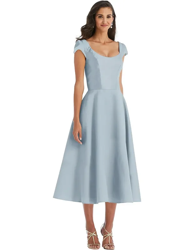 Puff Cap Sleeve Full Skirt Satin Midi Dress
