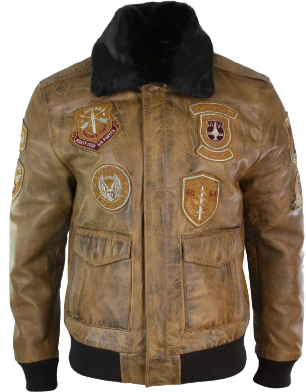 Aviator Pilot Bomber Jacket With Removable Fur Collar And Rust Tan Brown Vintage Effect Leather