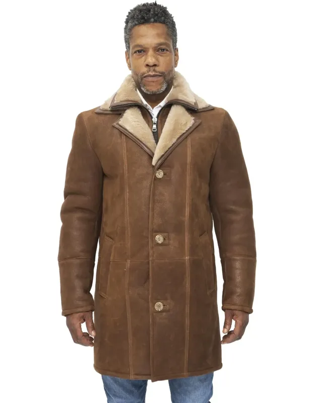 Warm Shearling Sheepskin Leather Coat With Thick Lining And Fully Closable Collar