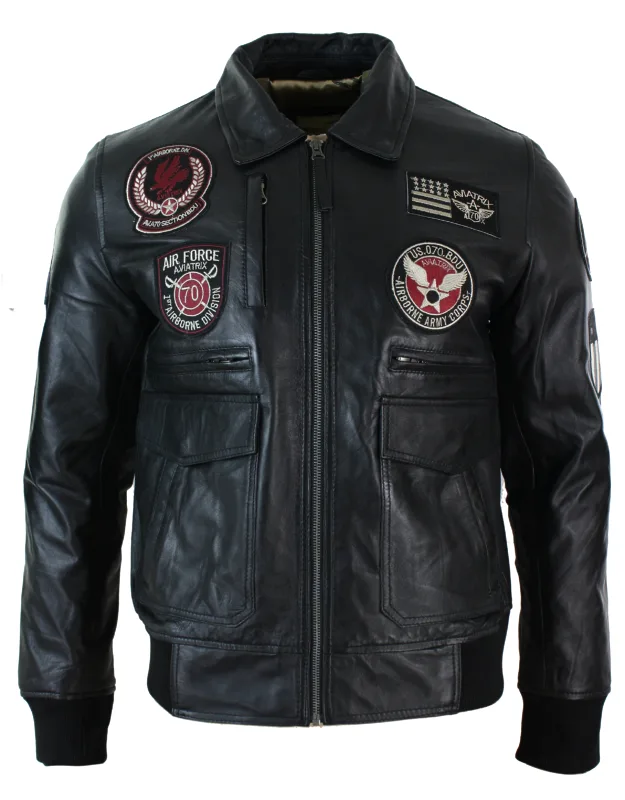 Leather Bomber Jacket With Air Force Badge Design And Elasticated Cuff