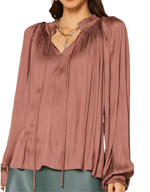_split Neck Long Sleeve Top With Self Tie And Pleated Trim_