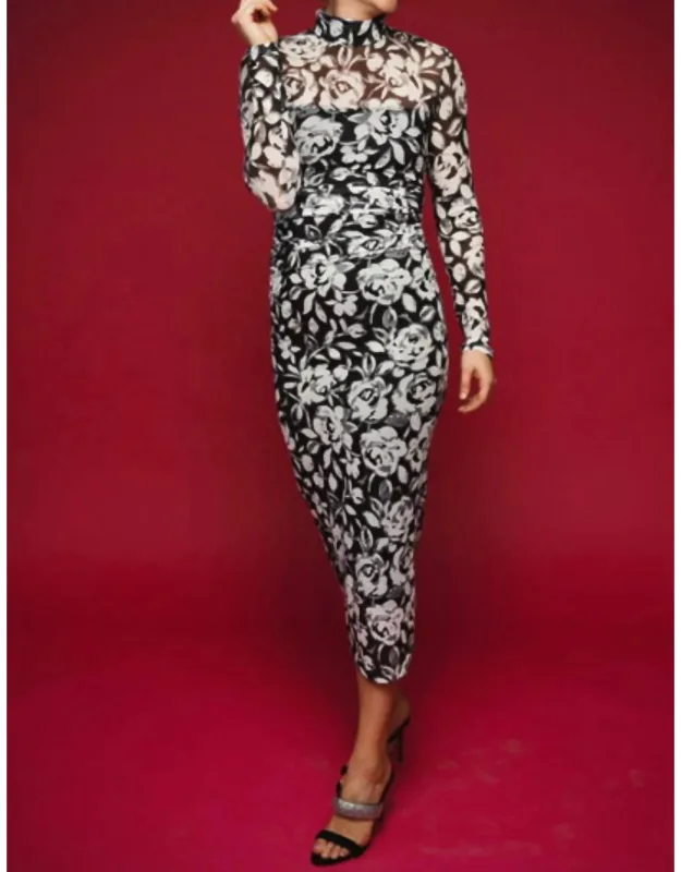 Dominique Long Sleeved Printed Mesh Dress