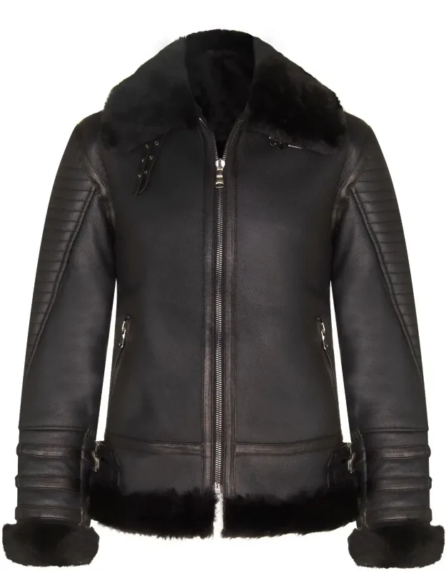 Retro Biker Sheepskin Jacket-avignon With Double Collar And Adjustable Belt