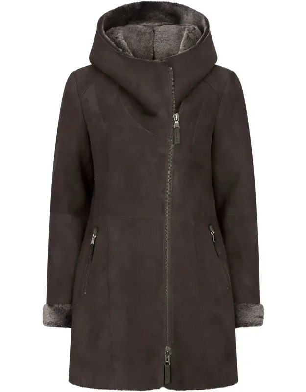 Sheepskin Toscana Suede Hood Coat With Zip & Side Pockets