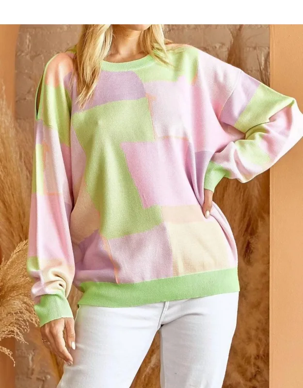 Color Block Sweater With One Shoulder Bodice