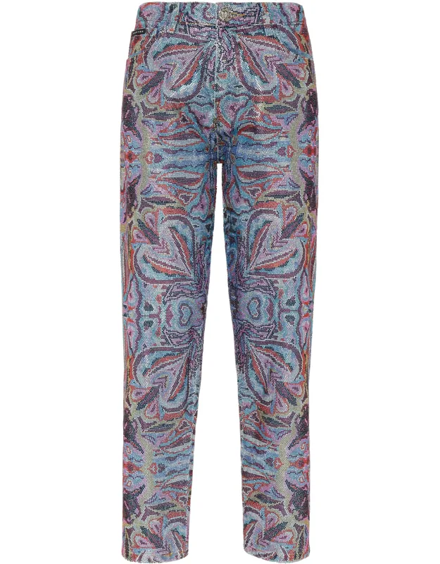 Denim Trousers Mom Fit Crystal Colorful Circus With Color-rhinestone Applications Throughout And Pp Hexagon On A Saffian Leather Patch Sewn On The Right Rear Pocket