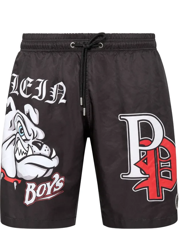 Swim-trunks With Bulldog Pattern And Drawstring Waistband