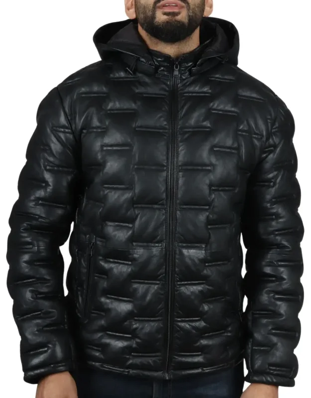 Quilted Real Leather Hooded Jacket
