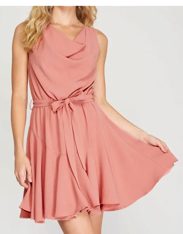 Sleeveless Cowl Neck Flounce Woven Dress With Sash