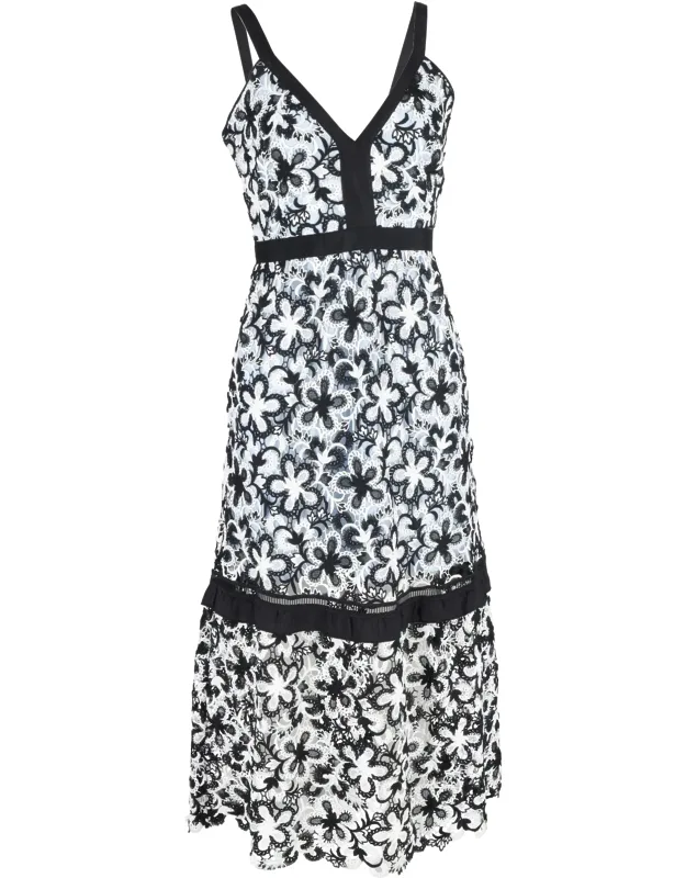 Monochrome Guipure Lace Overlay Sleeveless Midi Dress