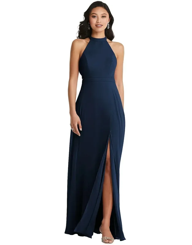 Stand Collar Halter Maxi Dress With Criss Cross Open-back