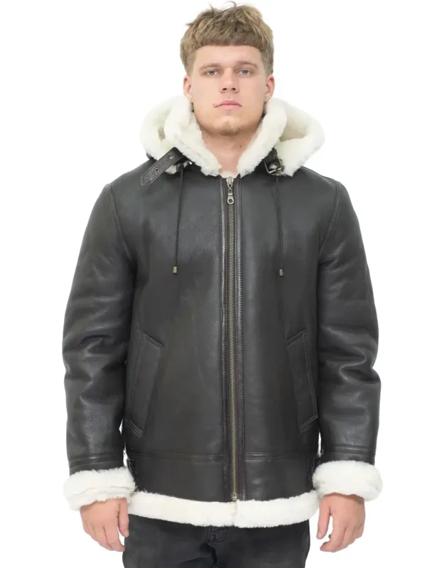 Hooded Sheepskin Leather B3 Flying Jacket-harwich With Adjustable Hood And Chunky Ykk Zipper