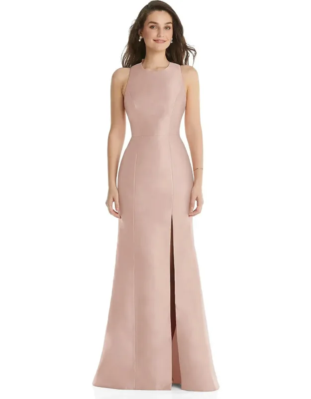 Jewel Neck Bowed Open-back Trumpet Dress With Front Slit