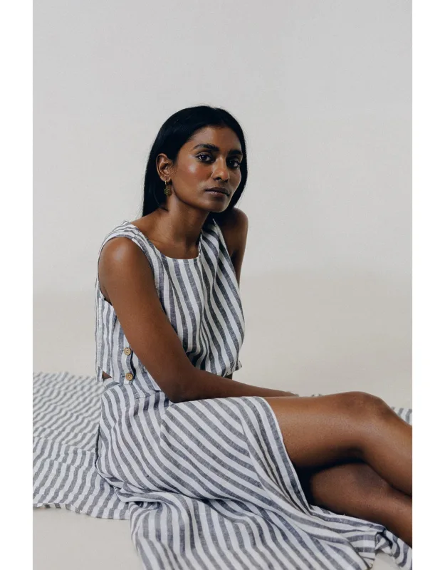 Overlap Midi Skirt In Stripes With Button Detailing And Pockets