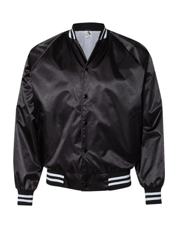 Satin Baseball Jacket Striped Trim Water Resistant Snap Front