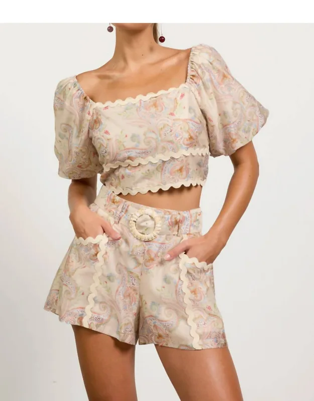 Paisley Puff Sleeve Crop Top