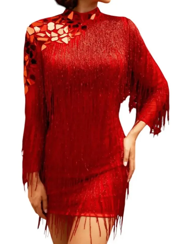 High Neck Beaded Fringe Cocktail Dress