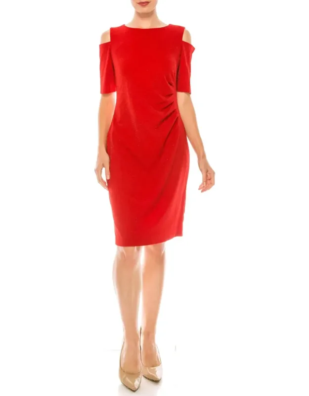 Side Pleat Cold Shoulder Sheath Dress