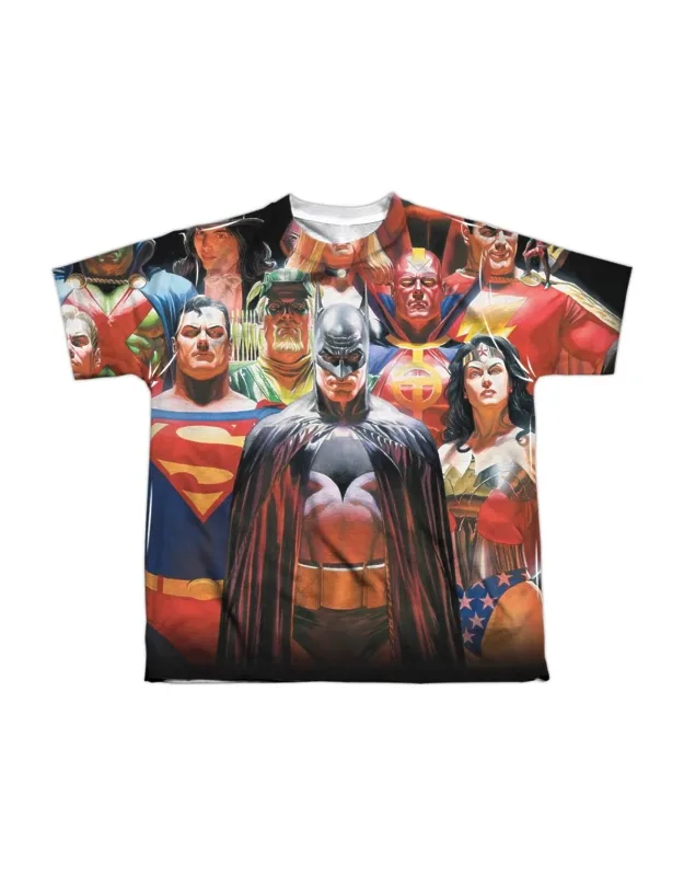 Justice League Of America Wall Of Heroes Short Sleeve Poly Crew Tee - Stylish For Everyday Wear, 100% Officially Licensed