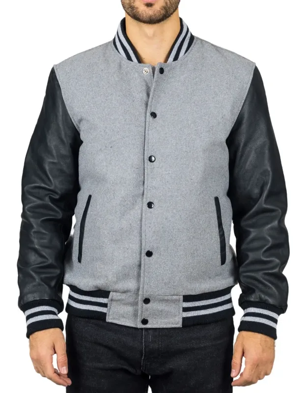 Varsity Bomber Jacket With Wool Body And Leather Sleeves