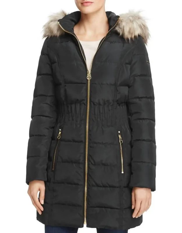 Cinch Waist Down Puffer Hooded Coat With Detachable Hood And Zippered Pockets