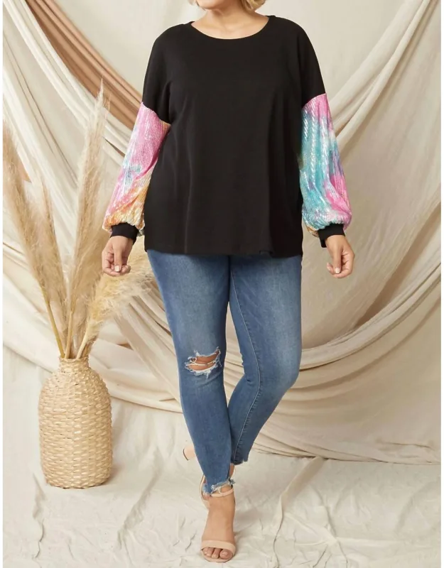 Waffle Top With Sequin Sleeves