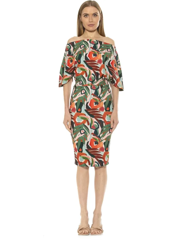 Olivia Dress - Off-the-shoulder Silhouette, 3/4 Length Sleeves