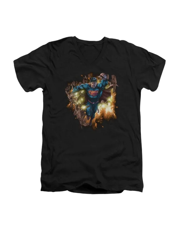 Superman Blasting Through Short Sleeve V Neck Premium Cotton Tee