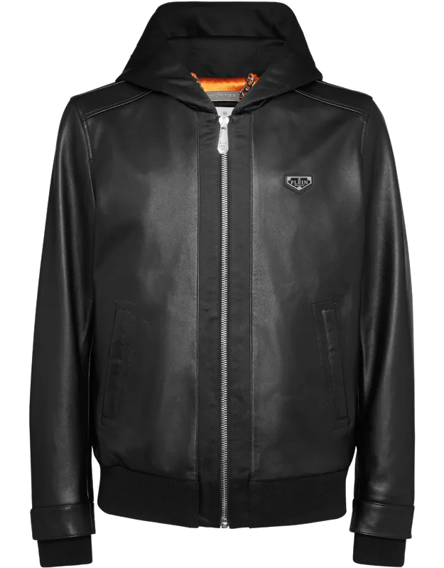 Nappa Leather Hooded Bomber Jacket