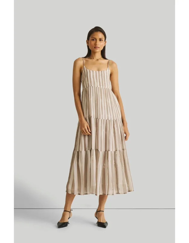 _strappy Tiered Maxi Dress In Stripes With Adjustable Straps And Pockets_