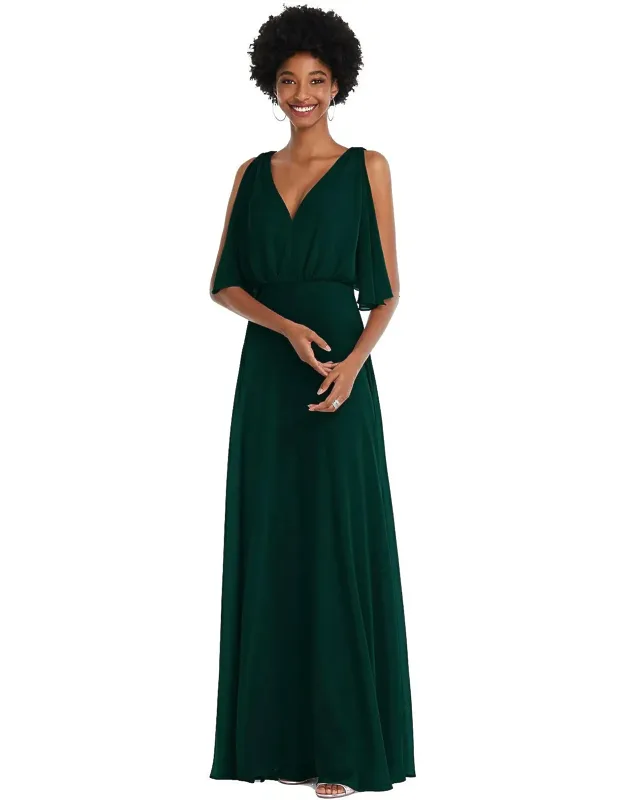 V-neck Split Sleeve Blouson Bodice Maxi Dress