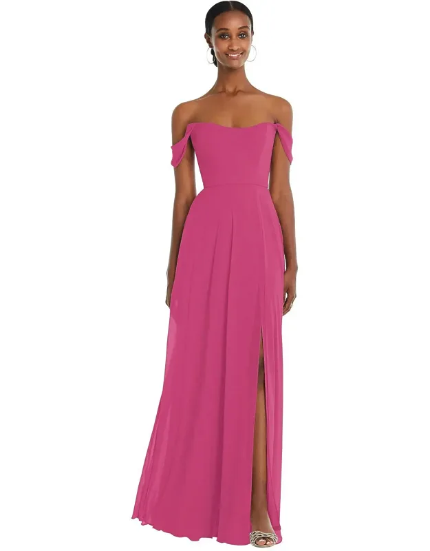 Off-the-shoulder Maxi Dress With Flounce Sleeves And Slit