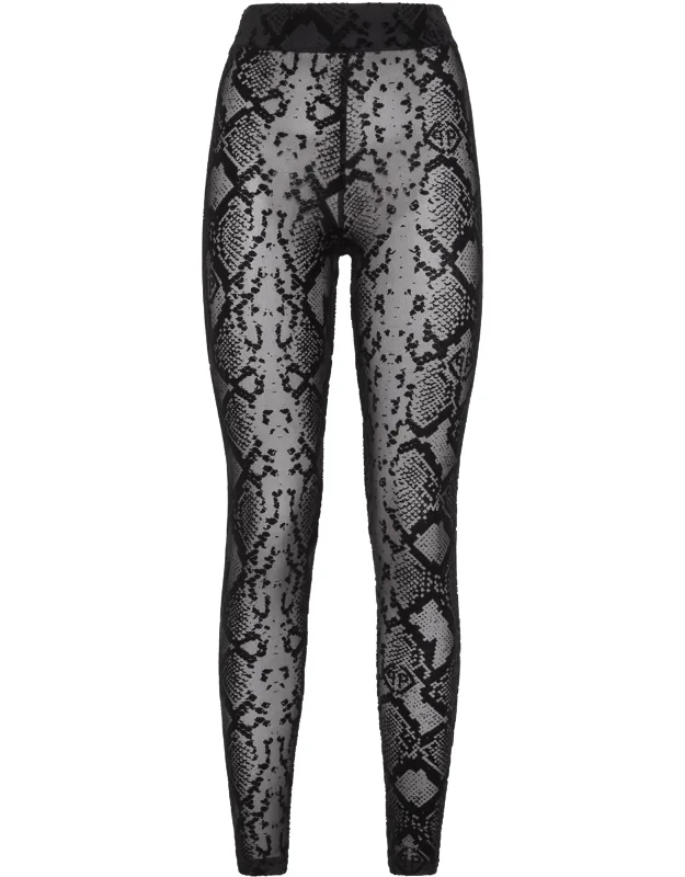 High Waist Leggings With Stretch Tulle And Python Print