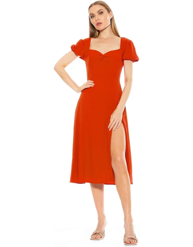 Gracie Midi Dress With Sweetheart Neckline And High Front Slit