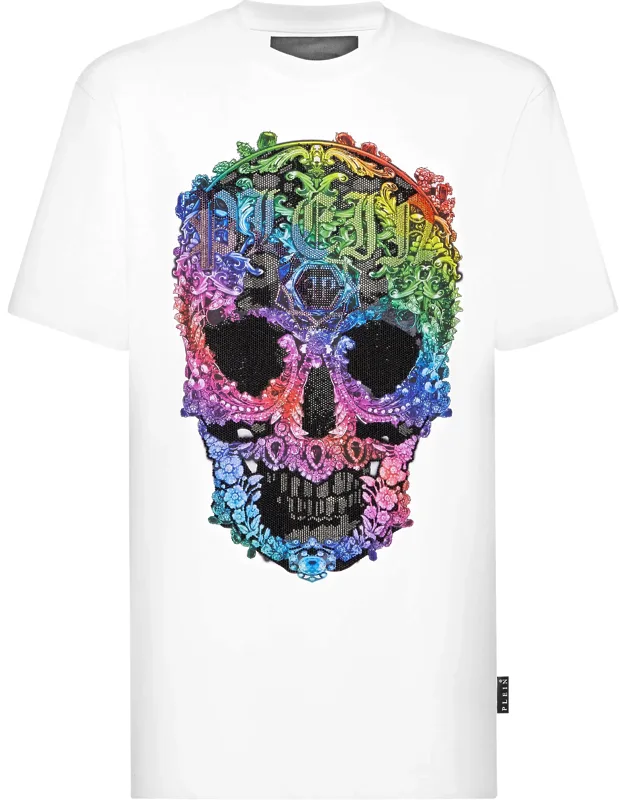 T-shirt Round Neck Ss Baroque Skull With Rhinestoned Print And Soft Cotton Fleece