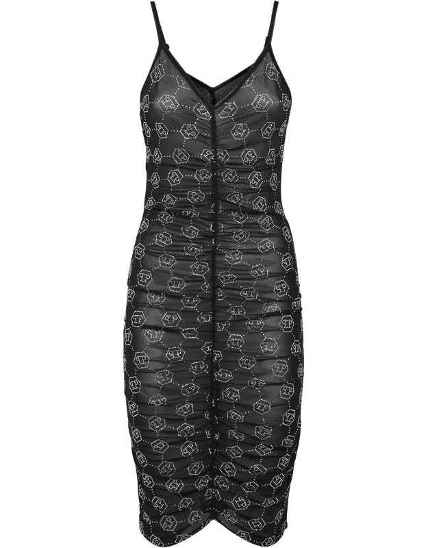 Tulle Midi Dress With All Over Stretch Polyester Tulle And Ruched Seams