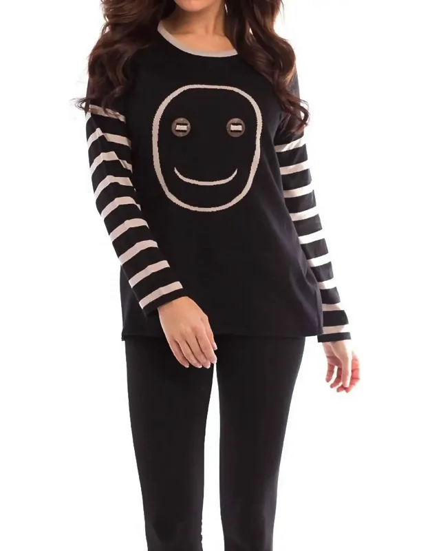 Wood Button Smiley Face Pullover