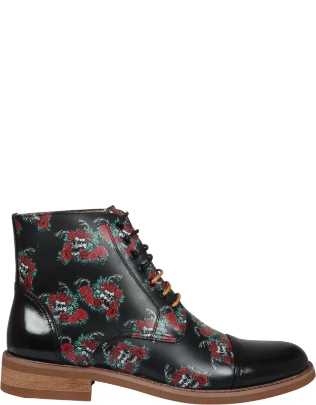 Oxford Floral Skull Print Lace Up Leather Dress Ankle Boots