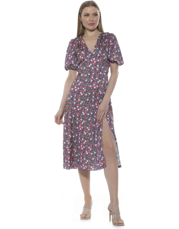 Nola Dress V Neck Puff Sleeve Leg Slit Midi