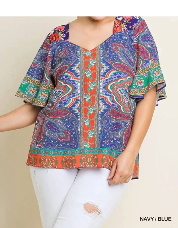 Paisley Scarf Print Bell Sleeve Blouse