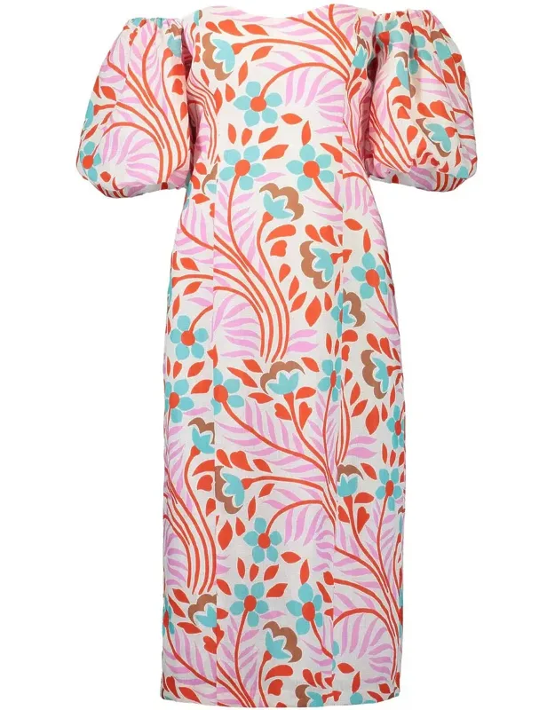 Karima Linen Puff Sleeve Midi Dress, Sweetheart Neckline, Dry Clean Only