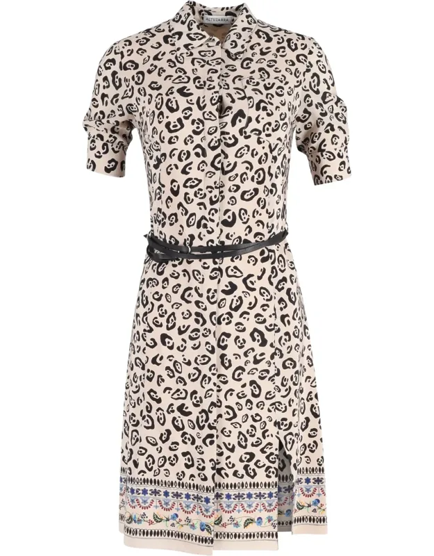 Animal Print Knee-length Belted Shirt Dress