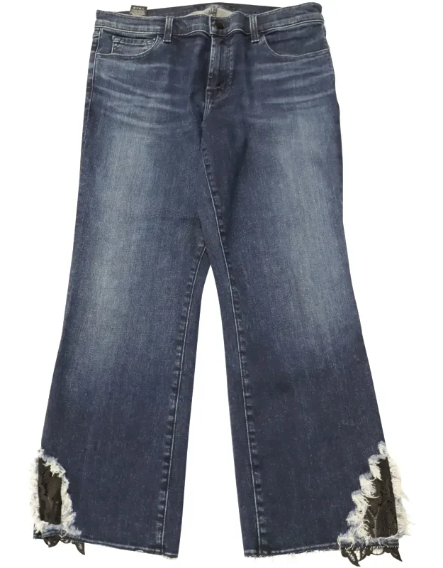 Mid Rise Cropped Jeans With Lace Hem