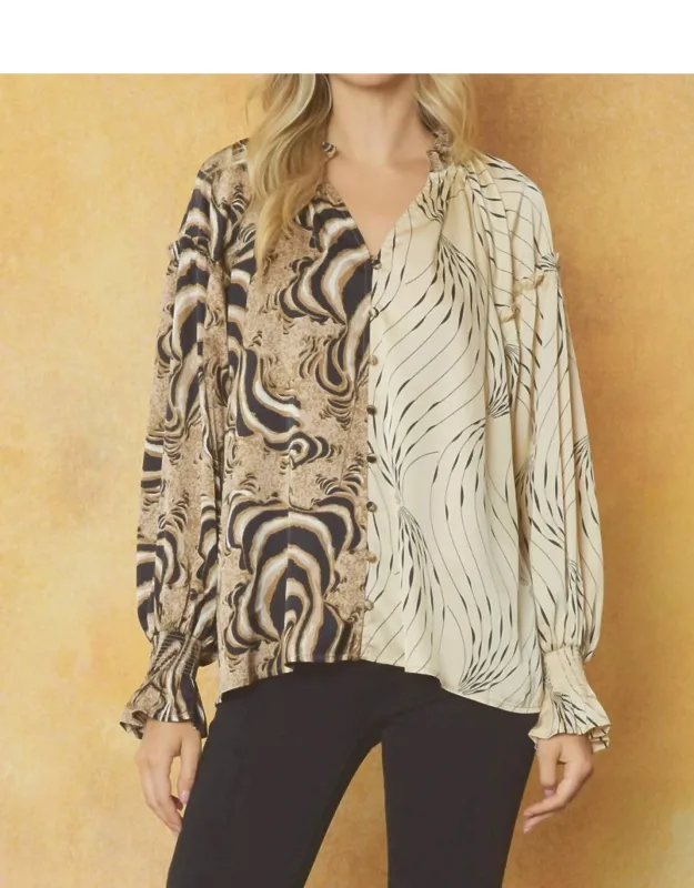 Contrast Print V-neck Blouse